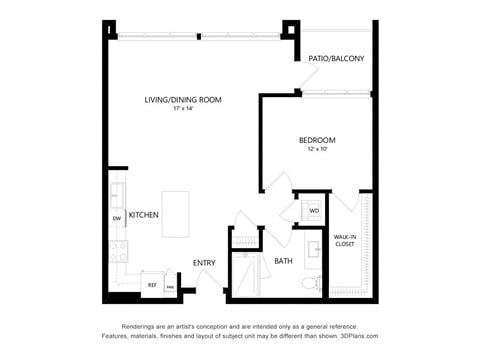 Floor plan for 1 bed, 1 bath, 892 sqft